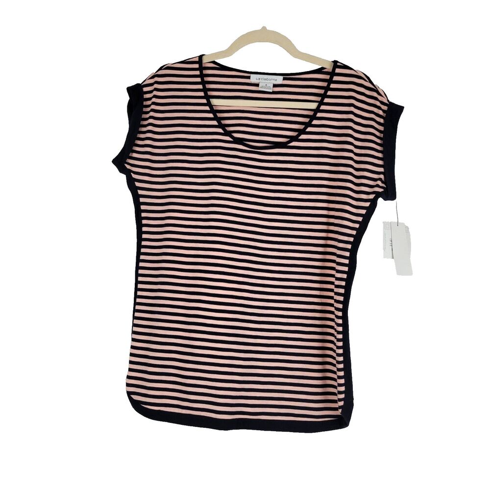 Liz Claiborne Top S Striped Scoop Neck Blouse Cap Sleeve Peach Pearl Multi NWT